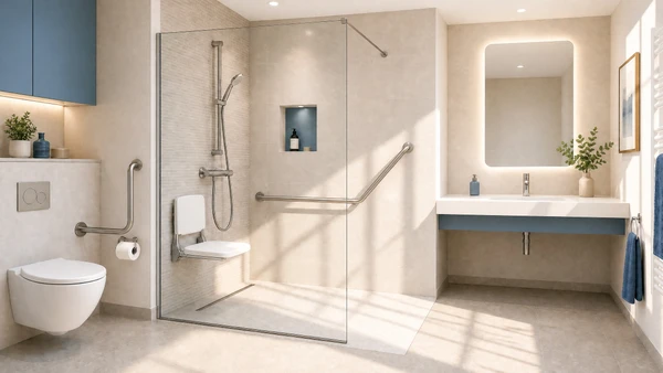 Plombier en salopette bleue travaillant à genoux dans salle de bain moderne, manipulant outils de plomberie